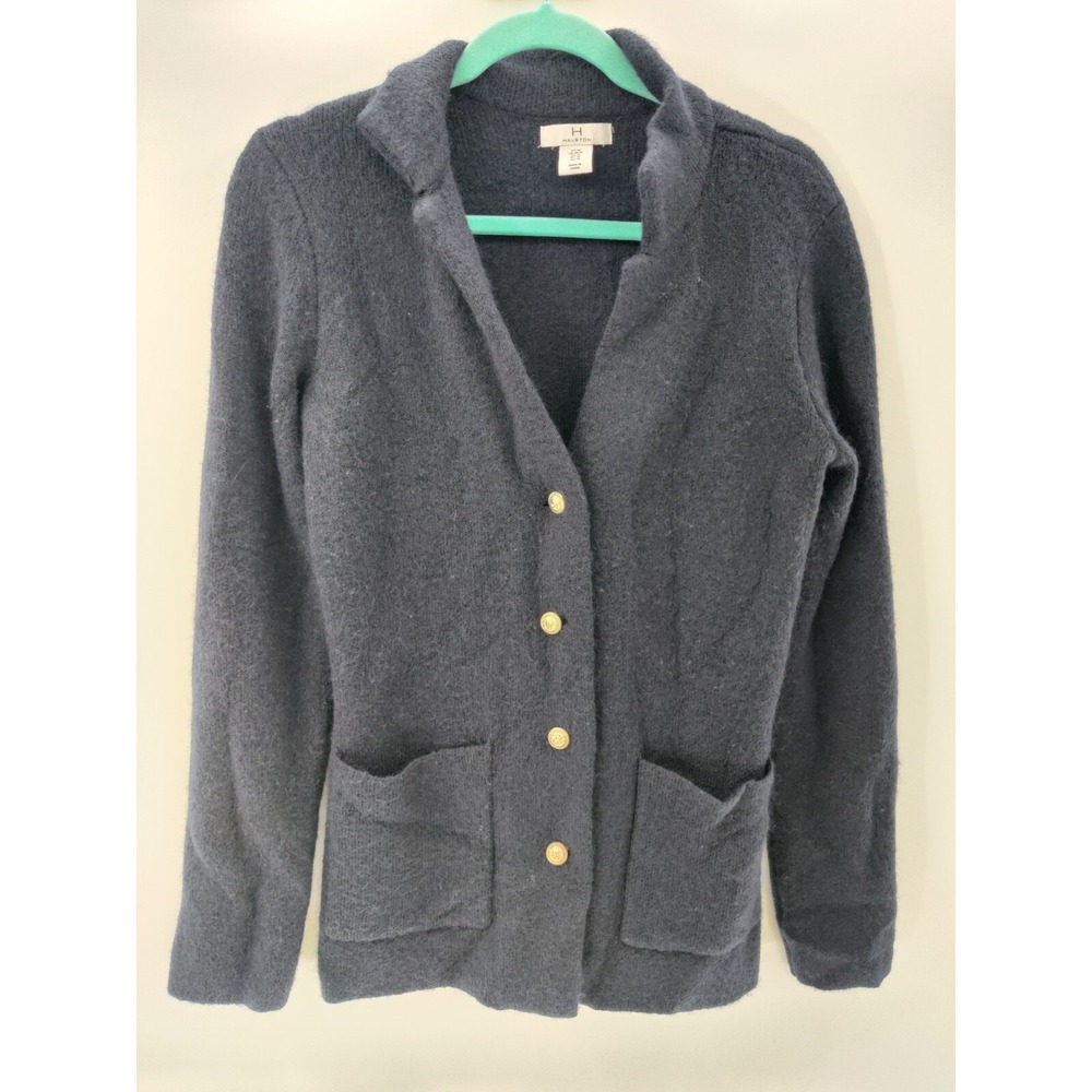 Halston Women's M Cardigan Wool Blend Navy Gold Button Front Long Sleeve Pockets